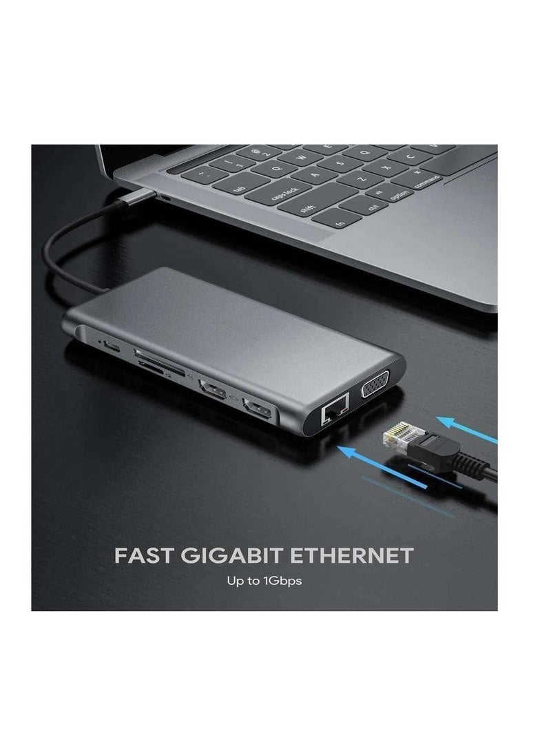 ماركة غير محددة موزع USB نوع سي 12 في 1 مع 2 منفذ 4K HDMI، VGA، 4 منافذ USB 3.0، USB نوع سي PD 3.0، منفذ إيثرنت RJ45، SD/TF، AUX 3.5 ملم، متوافق مع ماك بوك برو/أير والأجهزة من النوع سي  - Image 5