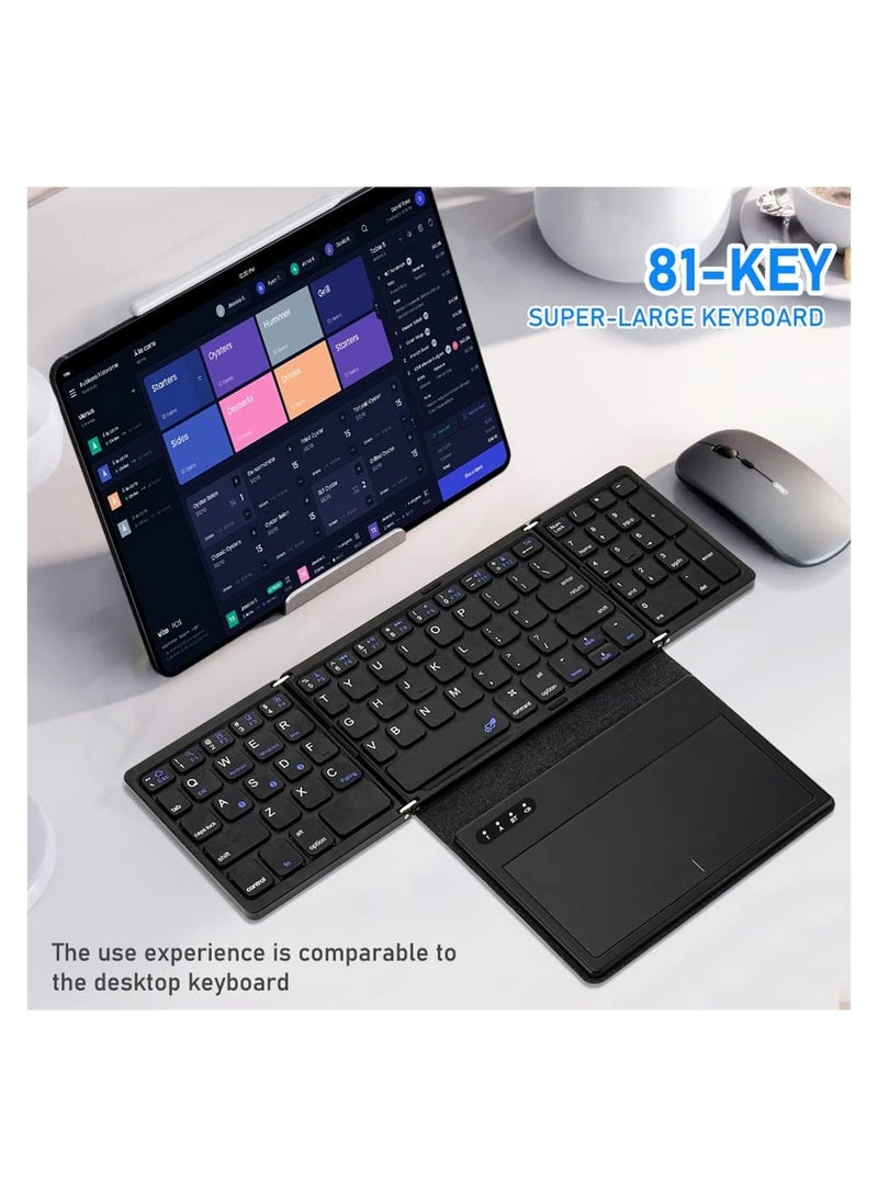 Foldable Bluetooth Keyboard, Portable Full Size Bluetooth Keyboard with Large Touchpad, Rechargeable Tri-Folding Ultra Slim Travel Keyboard for Windows iOS Android Mac, Sync up to 3 Devices