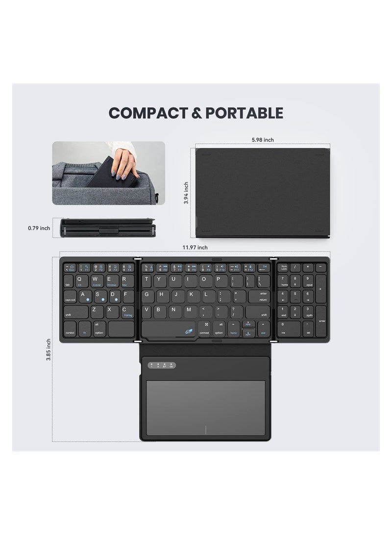 Foldable Bluetooth Keyboard, Portable Full Size Bluetooth Keyboard with Large Touchpad, Rechargeable Tri-Folding Ultra Slim Travel Keyboard for Windows iOS Android Mac, Sync up to 3 Devices