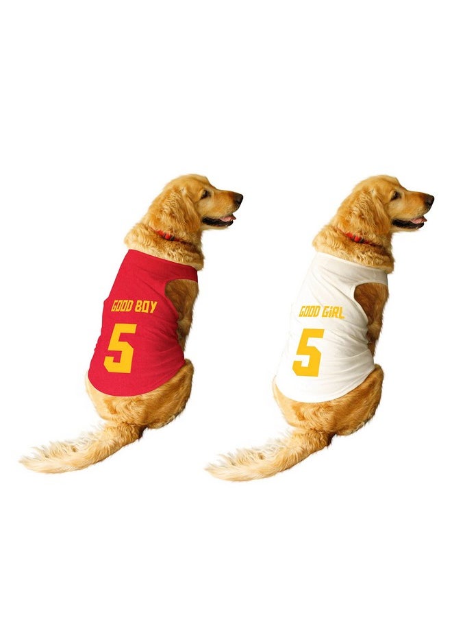 rusepin - Set Of 2 Good Boy & Good Girl Jersey No.5 Printed Round Neck Sleeveless Dog Vest Tank T-Shirt/Tees Apparel/Clothes/Tees Combo Gift For Dogs(Red/White) Medium (Chubby Pugs, Beagle Etc.) - Image 1