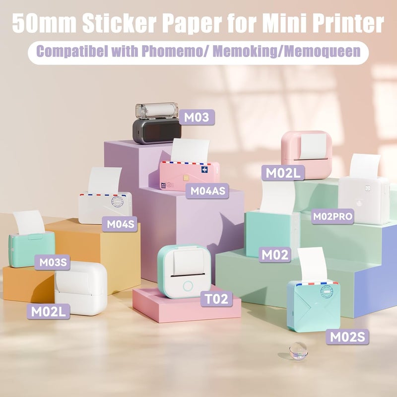 Memoking M02 Thermal Printer Sticker Paper Compatible with Phomemo M02 M02E Q02 M02L M02D M02X M02Pro M04S Mini Sticker Printer, Adhesive Thermal Labels, 50mm x 3.5m/Roll, 3 Rolls, Green,Purple,Orange - Image 2