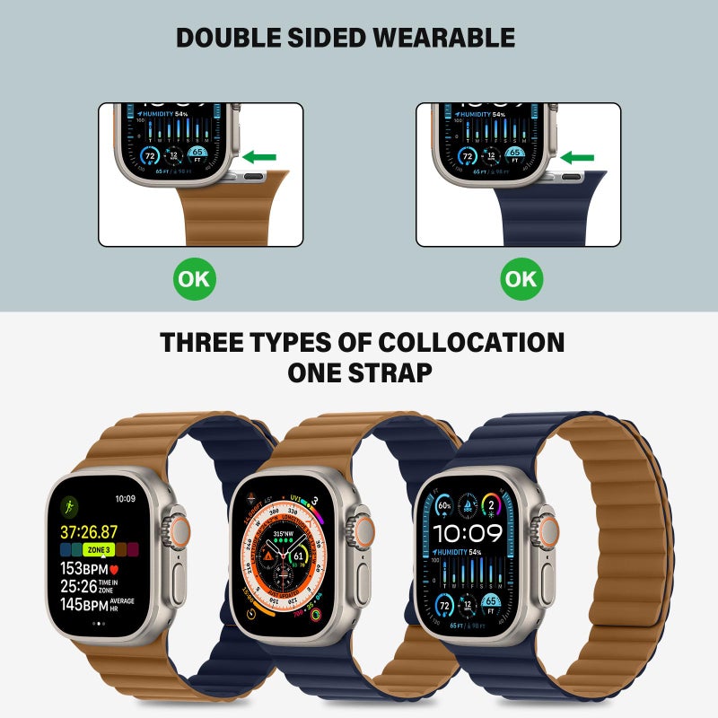 Bisikor Compatible with Apple Watch Band 49 46 45 44 42 41 40 38mm Double Sided Wearable Silicone Magnetic Strap for iWatch Ultra SE Series 11 10 9 8 7 6 5 4 3 2 1 (42/44/45/46/49, Brown/Indigo) - Image 3