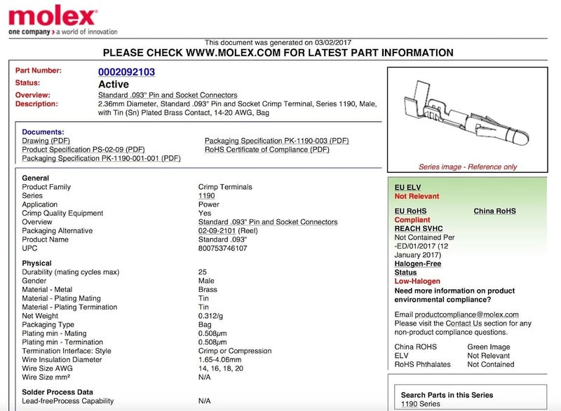 Molex 2-Circuits .093" - Connector, 5 Matched Set,14-20 AWG, Free Hanging, w/Lock - Image 3