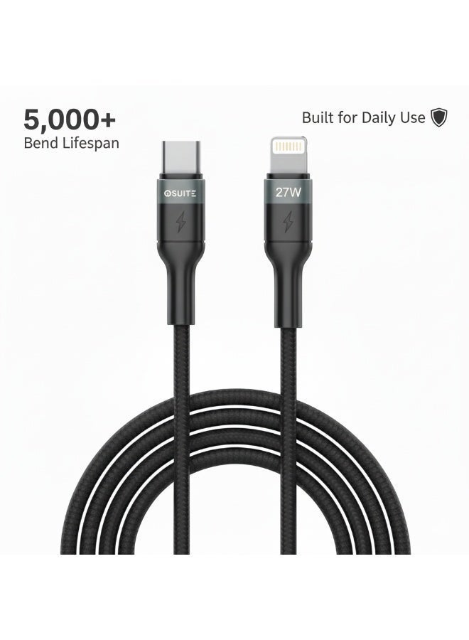 اى او سويت كيبل iOsuite من USB-C إلى Lightning بقدرة شحن سريع 27 واط بطول 1.2 متر – رأس من سبائك الألمنيوم، سلك نايلون مجدول، متوافق مع آيفون 15 / 14 / 13 / 12 / 11 / XS / XR وآيباد – أسود - Image 2