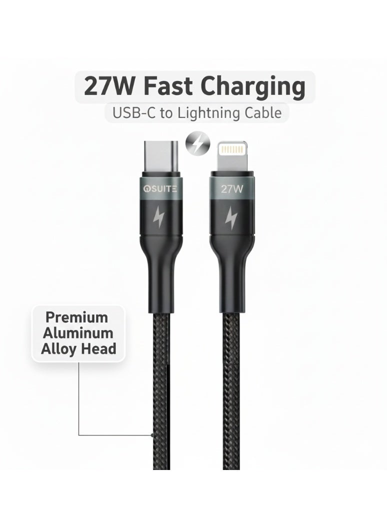 اى او سويت كيبل iOsuite من USB-C إلى Lightning بقدرة شحن سريع 27 واط بطول 1.2 متر – رأس من سبائك الألمنيوم، سلك نايلون مجدول، متوافق مع آيفون 15 / 14 / 13 / 12 / 11 / XS / XR وآيباد – أسود - Image 1