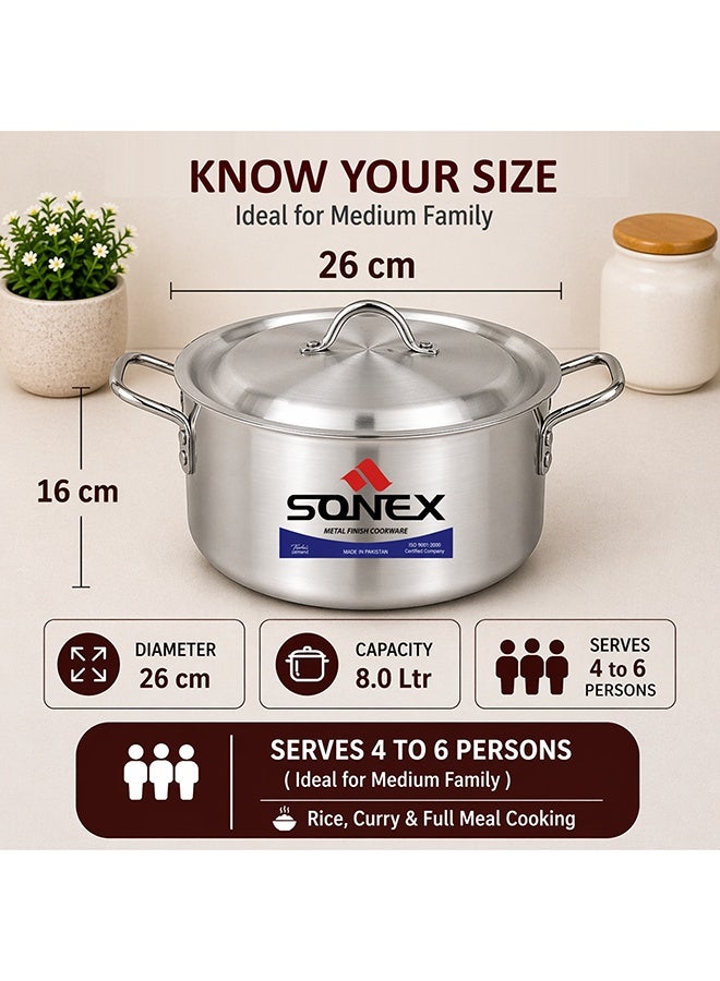 SONEX Classic Aluminium Cooking Pot with Lid, 26 cm (8.0L), Deep Stock Pot, Even Heat Distribution, Stainless Steel Handles, Ideal for Curry, Rice & Full Meal Cooking, Gas, Electric & Ceramic Compatible - Image 2