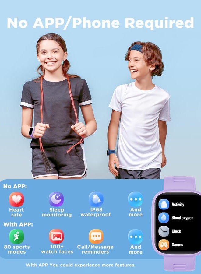 BIGGERFIVE Smart Watch for Kids, 1.8" Fitness Tracker Watch Pedometer, Heart Rate, IP68 Waterproof, Sleep Monitor, Calorie Step Counter, 5 Puzzle Games with/Without APP for Girls Teens 5-16 - Image 2