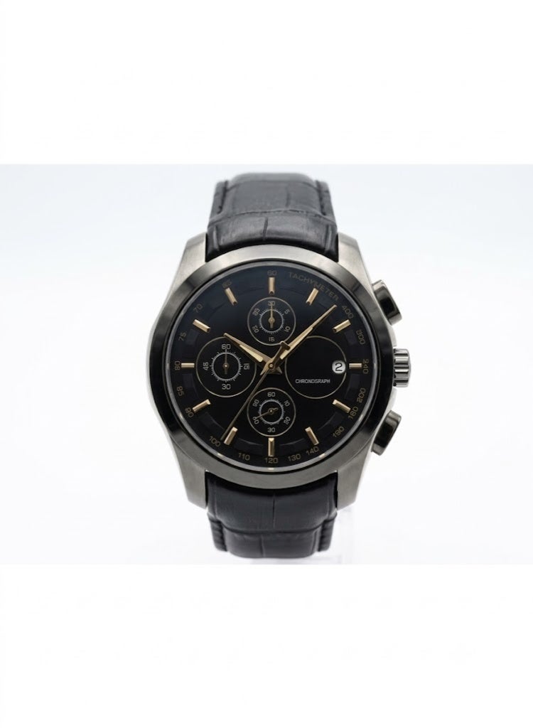 Men's Chronograph Watch with Black Dial, Gunmetal Case & Black Alligator-Embossed Leather Band