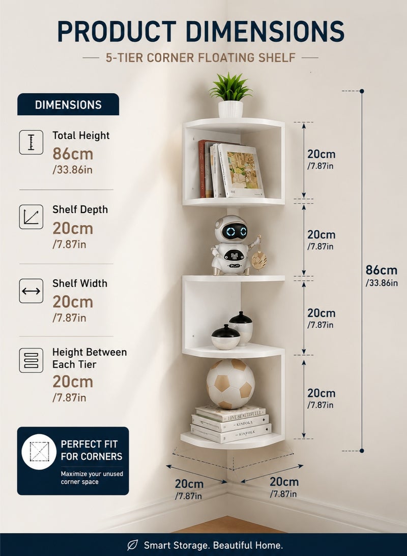 Monda 5-Tier Corner Floating Shelf Wall Mounted Wooden Boho Storage Rack | Space Saving Corner Display Shelf for Living Room Bedroom Office | Decorative Plant & Home Organizer Rack - Image 3