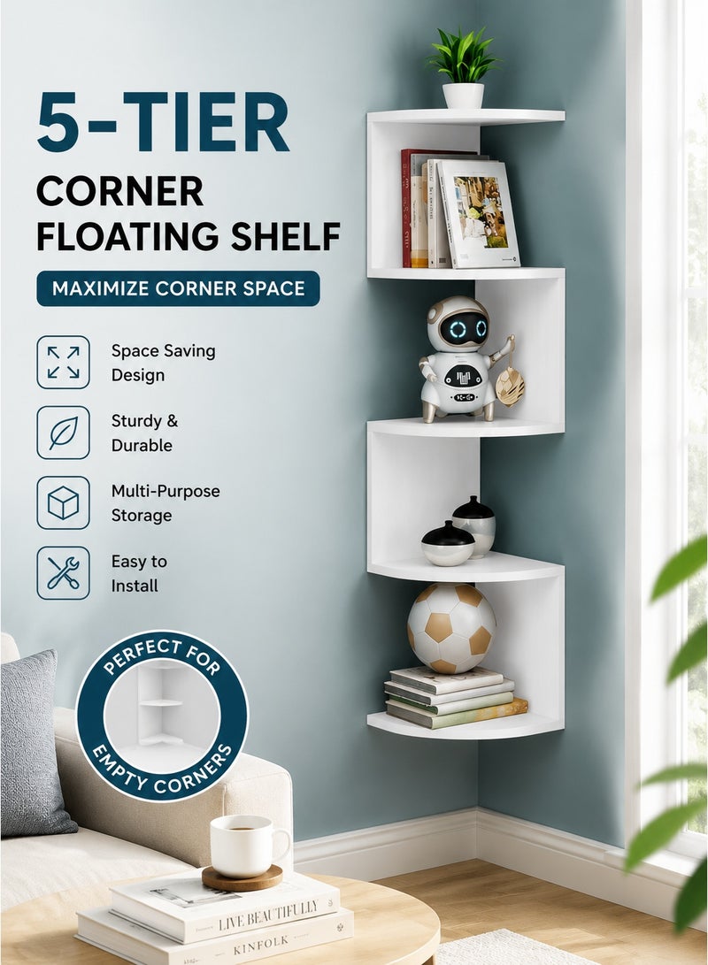 Monda 5-Tier Corner Floating Shelf Wall Mounted Wooden Boho Storage Rack | Space Saving Corner Display Shelf for Living Room Bedroom Office | Decorative Plant & Home Organizer Rack - Image 1