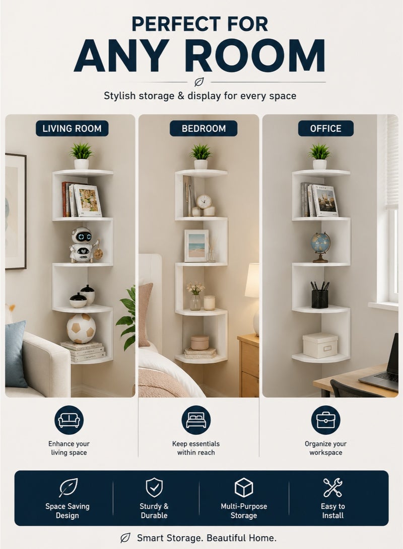 Monda 5-Tier Corner Floating Shelf Wall Mounted Wooden Boho Storage Rack | Space Saving Corner Display Shelf for Living Room Bedroom Office | Decorative Plant & Home Organizer Rack - Image 4