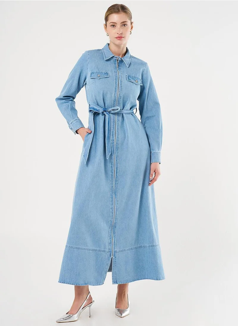 Kayra Flap Pocket and Belted Denim Dress Ice Blue