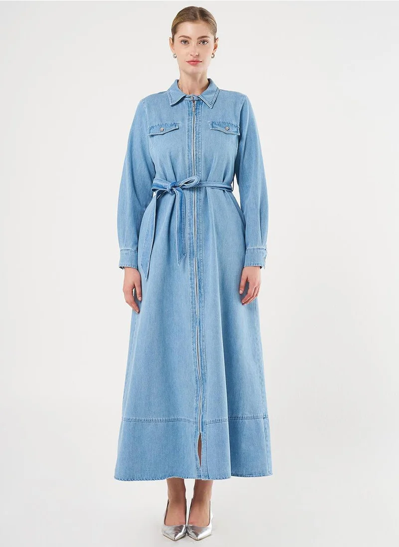 Kayra Flap Pocket and Belted Denim Dress Ice Blue