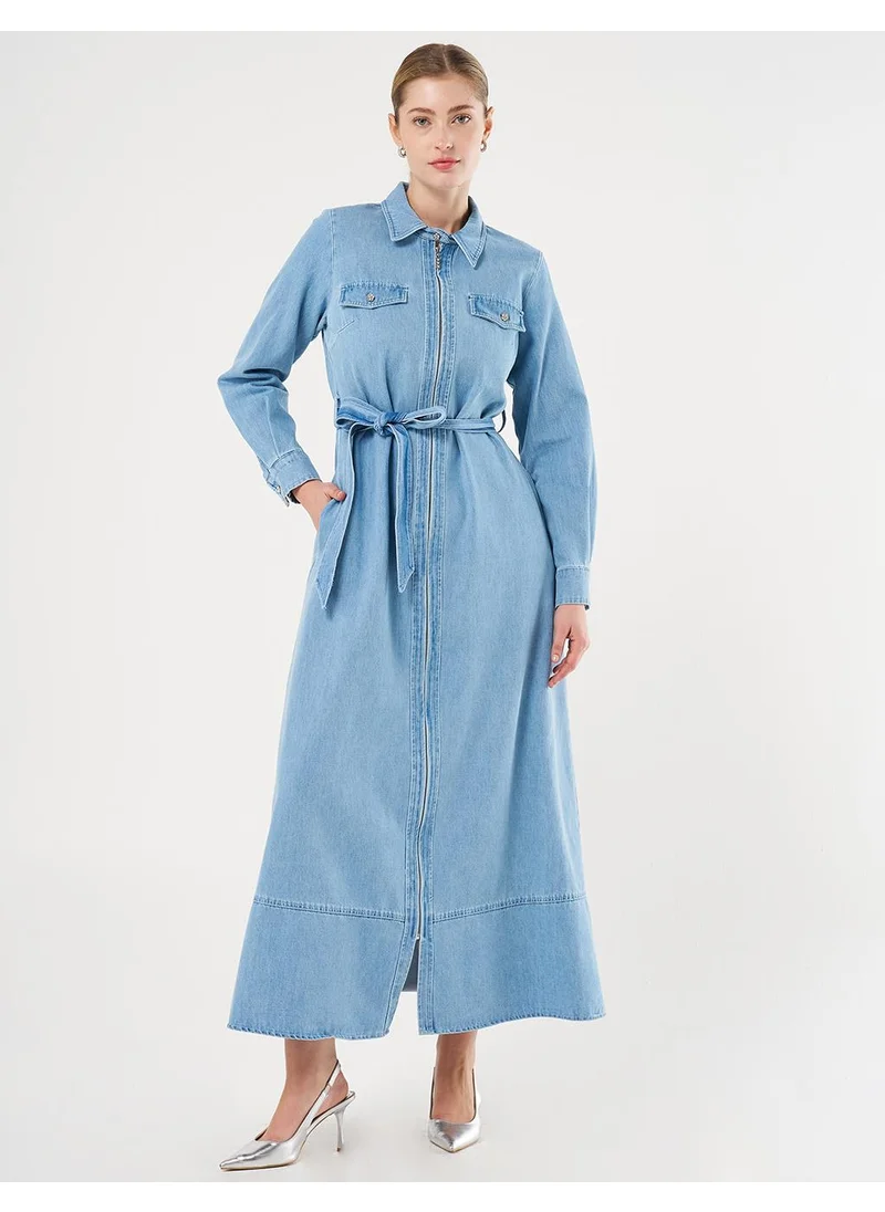 Kayra Flap Pocket and Belted Denim Dress Ice Blue