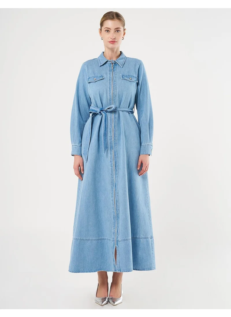 Kayra Flap Pocket and Belted Denim Dress Ice Blue