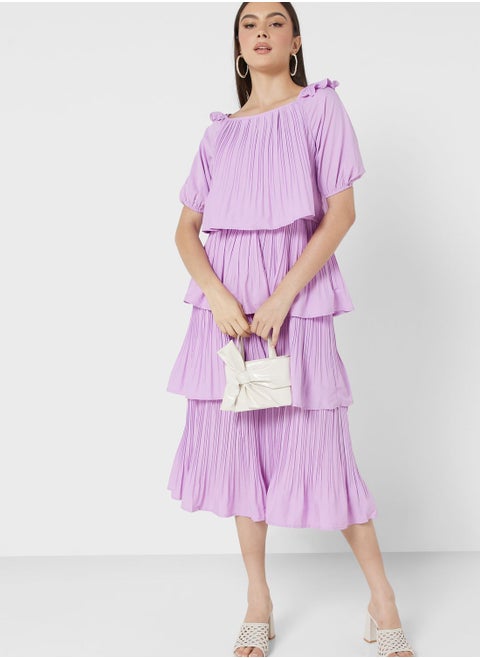 Bardot Layered Dress In Pleats