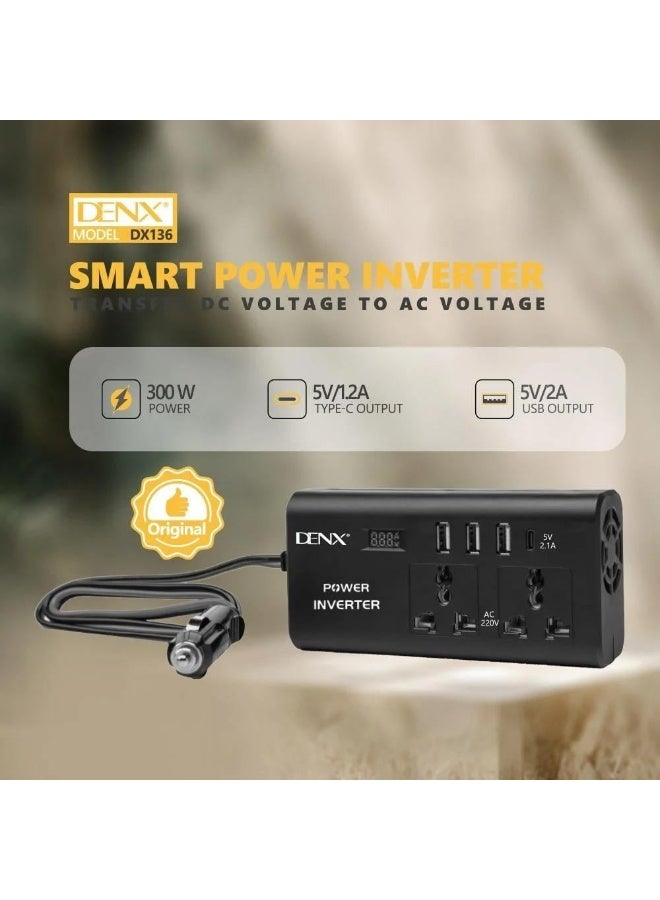 DENX DX136 300W Portable Car Inverter – Smart Power Solution with Type-C & USB Output - Image 2
