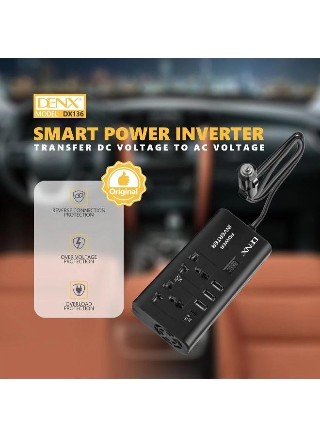 DENX DX136 300W Portable Car Inverter – Smart Power Solution with Type-C & USB Output - Image 3