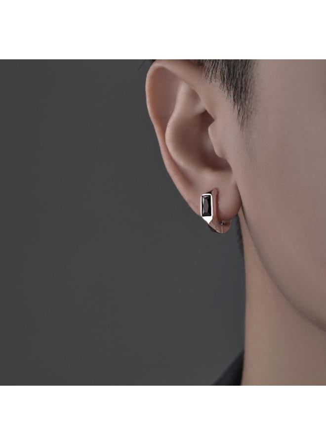 S925 Silver Black Gem Earrings Men's Trendy High-end Sense Personality Men's Niche Design Sense Men's Earrings Earrings 