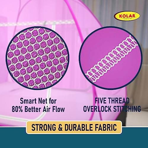 Kolar Mosquito Net for Double Bed – 6.5 x 6.5 Feet | Premium Tent-Type Machardani | Foldable, Strong & Durable | Corrosion-Resistant Frame | King Size | Full Pink - Image 5