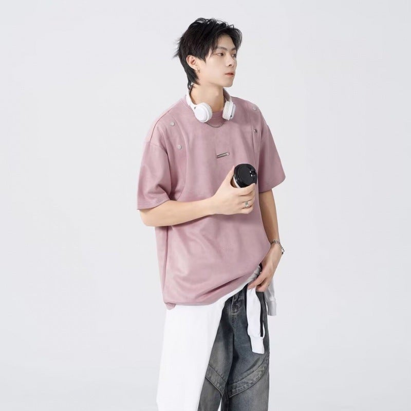 American Suede Stitching Short-Sleeved T-Shirt Men'S Summer Loose Fashioned Brand High Street High-End Shape Casual Couple Half-Sleeved - Image 1