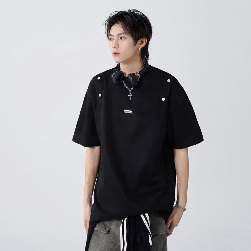 American Suede Stitching Short-Sleeved T-Shirt Men'S Summer Loose Fashioned Brand High Street High-End Shape Casual Couple Half-Sleeved - Image 3