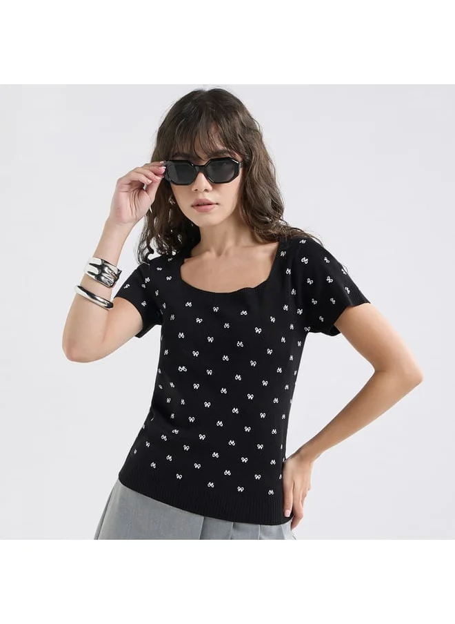 FAV Textured Square Neck T-shirt with Short Sleeves