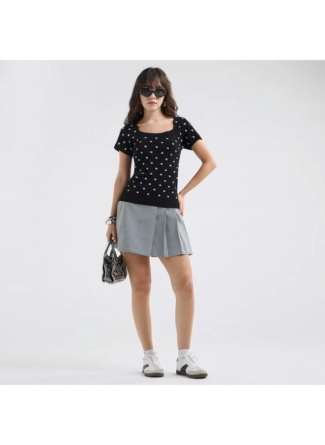 FAV Textured Square Neck T-shirt with Short Sleeves