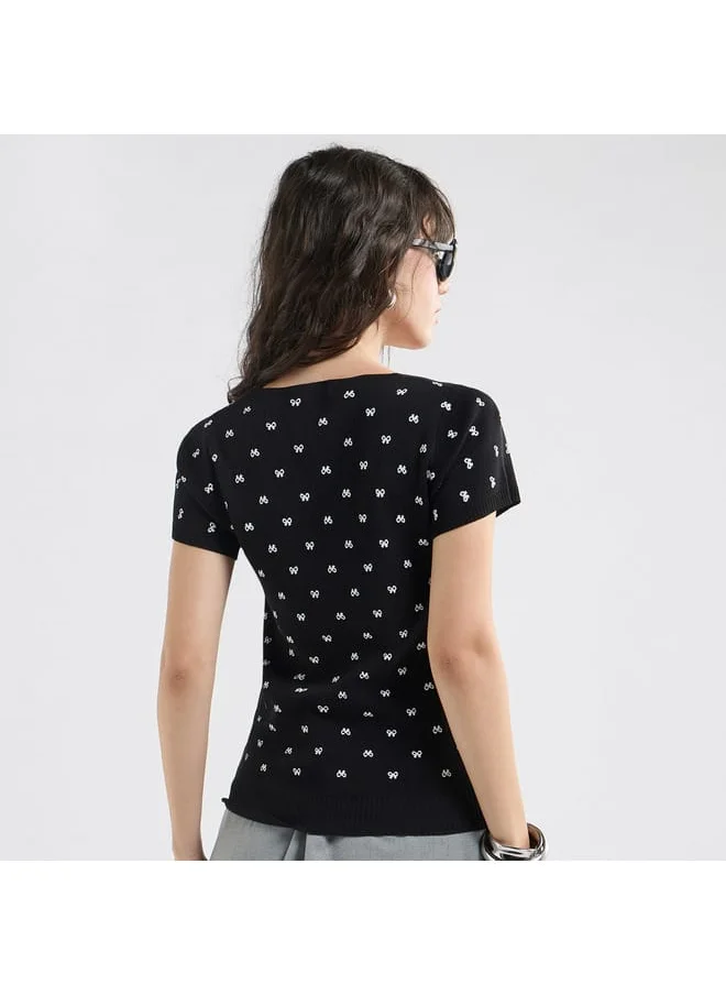 Splash FAV Textured Square Neck T-shirt with Short Sleeves
