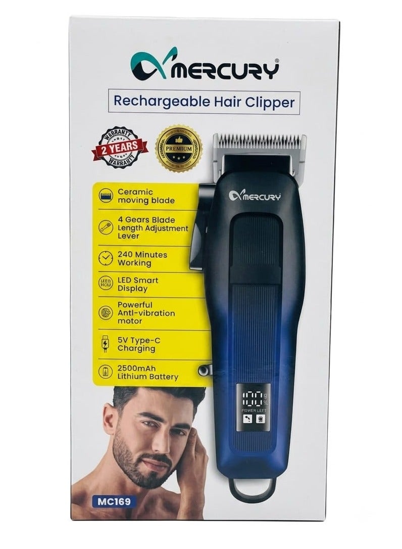 Mercury Rechargeable Hair Clipper/Trimmer - Powerful Anti-Vibration Motor | 4 Gear Blade Length | Sharped Edged Cutter Head | Ceramic Moving Blade | LED Smart Display | Upto 240 Minutes Runtime | 2500mAh Long Battery | Easy to Clean