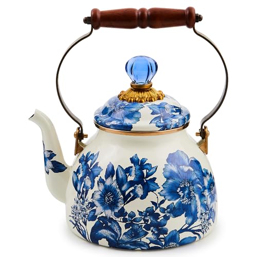 mackenzie childs MACKENZIECHILDS 2Quart Enamel Tea Kettle Cute Tea Kettle for Stovetop Royal English Garden - Image 1