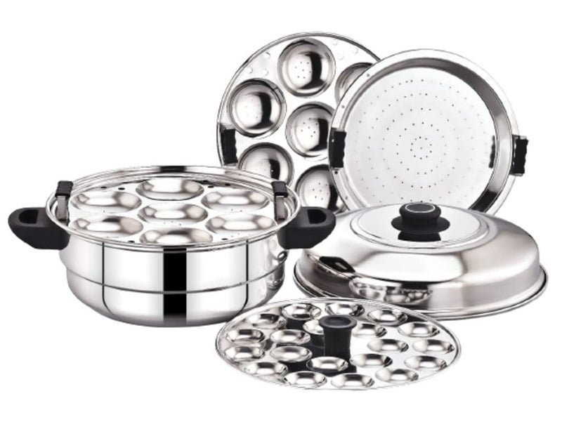 Diamond Diamond Stainless Steel Multi-Steaming Induction Base with 2 Idli Plates (14 Idlies), 1 Mini Idli Plate (20 Idlies), 1 Steamer Plate - Image 1