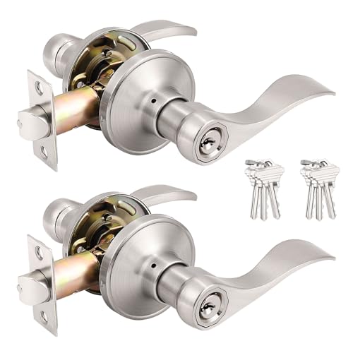 Probrico (2 Pack Wave Style Keyed Alike Entry Levers, Exterior Interior Satin Nickel Keyed Door Handles with Lock and Same Keys, Reversible for Right Left Handed Doors - Image 1