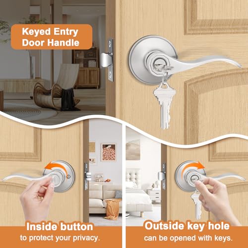 Probrico (2 Pack Wave Style Keyed Alike Entry Levers, Exterior Interior Satin Nickel Keyed Door Handles with Lock and Same Keys, Reversible for Right Left Handed Doors - Image 3