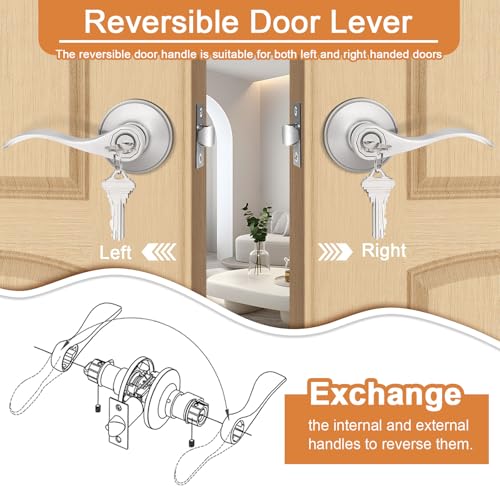 Probrico (2 Pack Wave Style Keyed Alike Entry Levers, Exterior Interior Satin Nickel Keyed Door Handles with Lock and Same Keys, Reversible for Right Left Handed Doors - Image 5