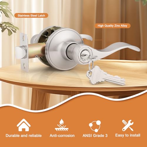 Probrico (2 Pack Wave Style Keyed Alike Entry Levers, Exterior Interior Satin Nickel Keyed Door Handles with Lock and Same Keys, Reversible for Right Left Handed Doors - Image 2