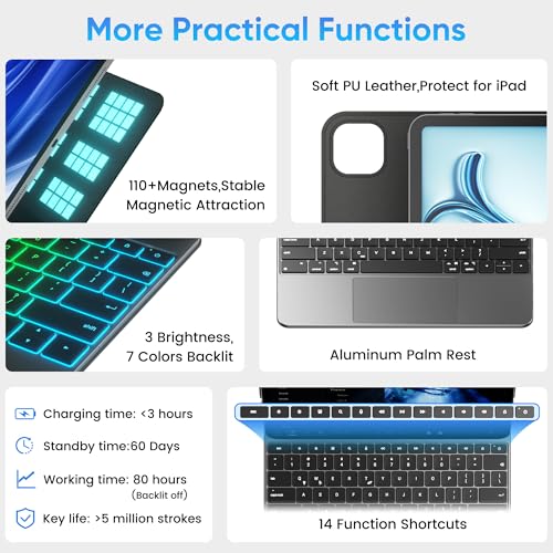 doqo for iPad Air 13 and iPad Pro 12.9 inch case with Keyboard,Magic Keyboard Case for iPad Air 13(M2/M3) 2024 2025 iPad Pro 12.9(6th,5th,4th,3rd Gen) with Multi-Trackpad Slim 7colors Backlit Black - Image 4