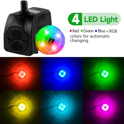 CREPOW 15W 800L/H Submersible Pond Fountain Pump with LED Lights, Ultra Quiet Water Pump, Pond Fountain Pumps for Small Pond, Koi, Garden, Aquariums, Fish Tanks, Indoor Outdoor Fountain 3 Type Nozzles - Image 3