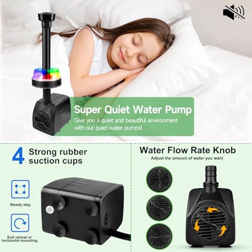 CREPOW 15W 800L/H Submersible Pond Fountain Pump with LED Lights, Ultra Quiet Water Pump, Pond Fountain Pumps for Small Pond, Koi, Garden, Aquariums, Fish Tanks, Indoor Outdoor Fountain 3 Type Nozzles - Image 5