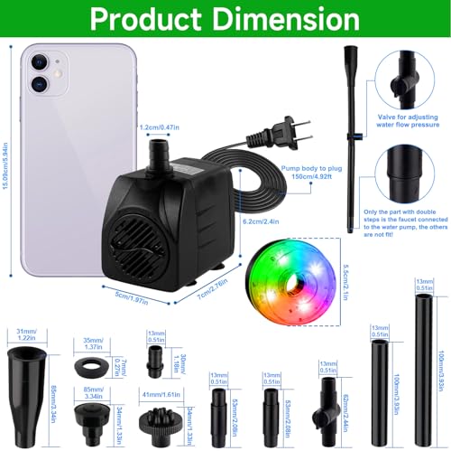 CREPOW 15W 800L/H Submersible Pond Fountain Pump with LED Lights, Ultra Quiet Water Pump, Pond Fountain Pumps for Small Pond, Koi, Garden, Aquariums, Fish Tanks, Indoor Outdoor Fountain 3 Type Nozzles - Image 4