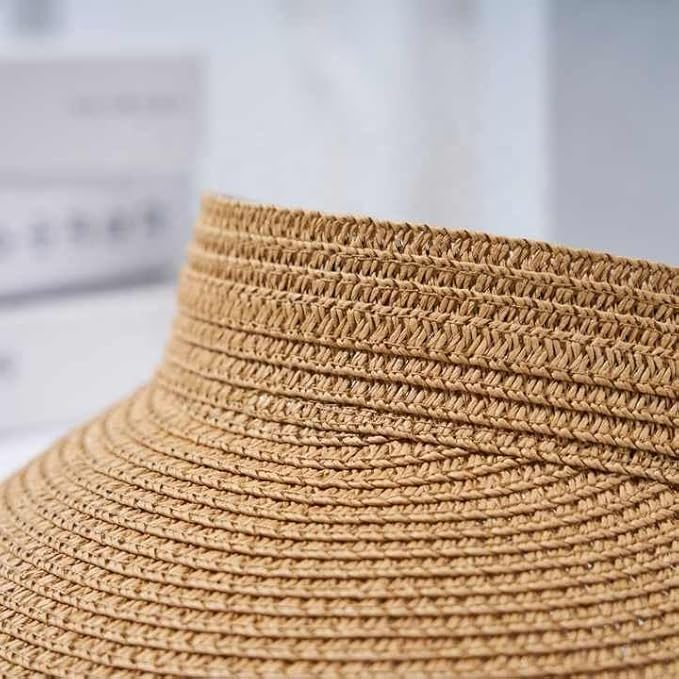 ZURATO Straw Hat Sun Cap for Women,Wide Brim Beach Hat for Women UV Protection Cap,Summer Packable Topper -UPF 50+, Korean Style Ponytail Topless Sun Visor (in, Alpha, Free Size, Khaki) - Image 5