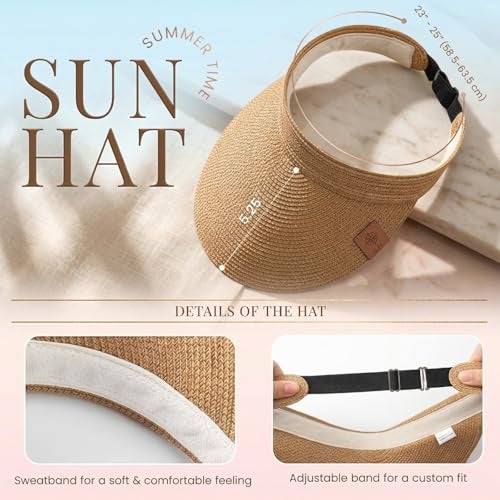 ZURATO Straw Hat Sun Cap for Women,Wide Brim Beach Hat for Women UV Protection Cap,Summer Packable Topper -UPF 50+, Korean Style Ponytail Topless Sun Visor (in, Alpha, Free Size, Khaki) - Image 3
