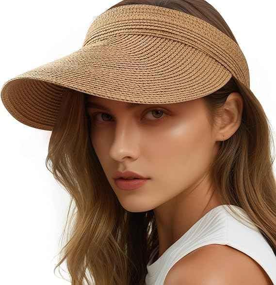 ZURATO Straw Hat Sun Cap for Women,Wide Brim Beach Hat for Women UV Protection Cap,Summer Packable Topper -UPF 50+, Korean Style Ponytail Topless Sun Visor (in, Alpha, Free Size, Khaki) - Image 1