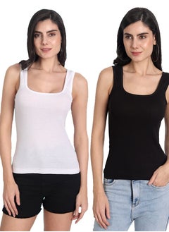 Aimly Aimly Women's Cotton Sleeveless White & Black Camisole Slip Spaghetti Pack of 2  - Image 1