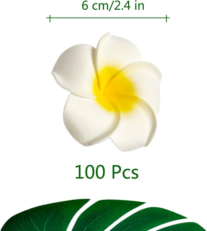 Healthcom 100 Pcs 24 Inch White Artificial Plumeria Rubra Hawaiian Flower Petals Hair Hat Wreath Floral Premium Hawaiian Foam Frangipani Flowers for DIY Home Beach Wedding Party Decoration - Image 2