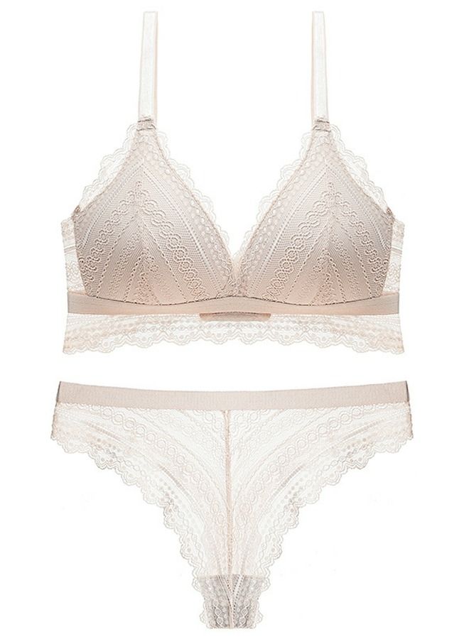 Loquat Solid Color B C Cup Thin Cup Without Underwire Lace Bra And Panty Set Beige 