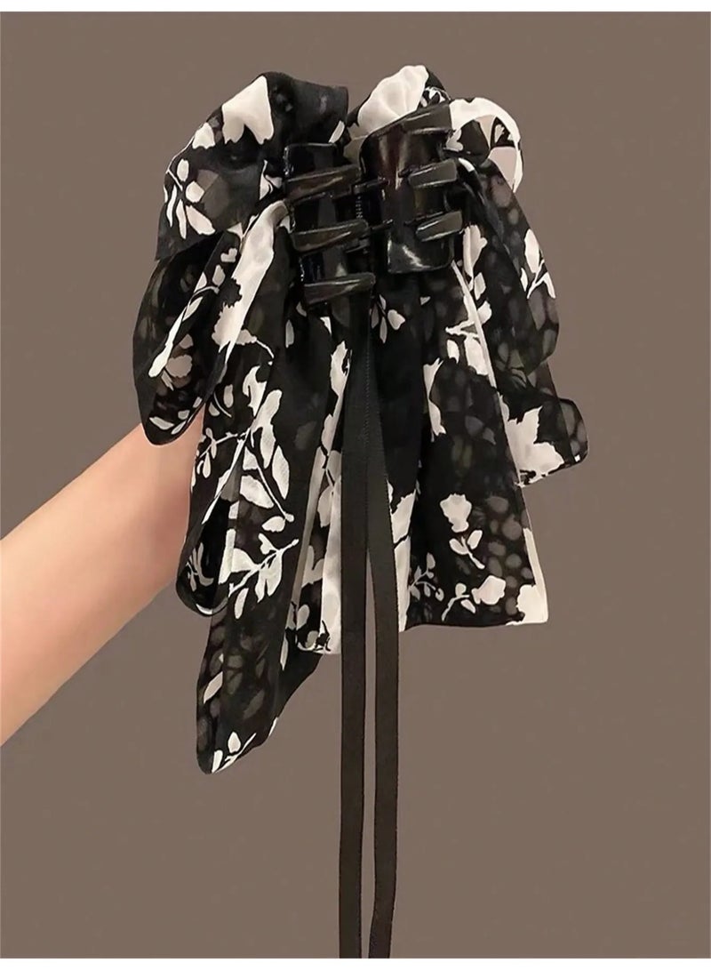 Large Bow Hair Clip with Elegant Black and White Floral Pattern — Adds a Feminine and Sophisticated Touch to Your Hairstyle - Image 3