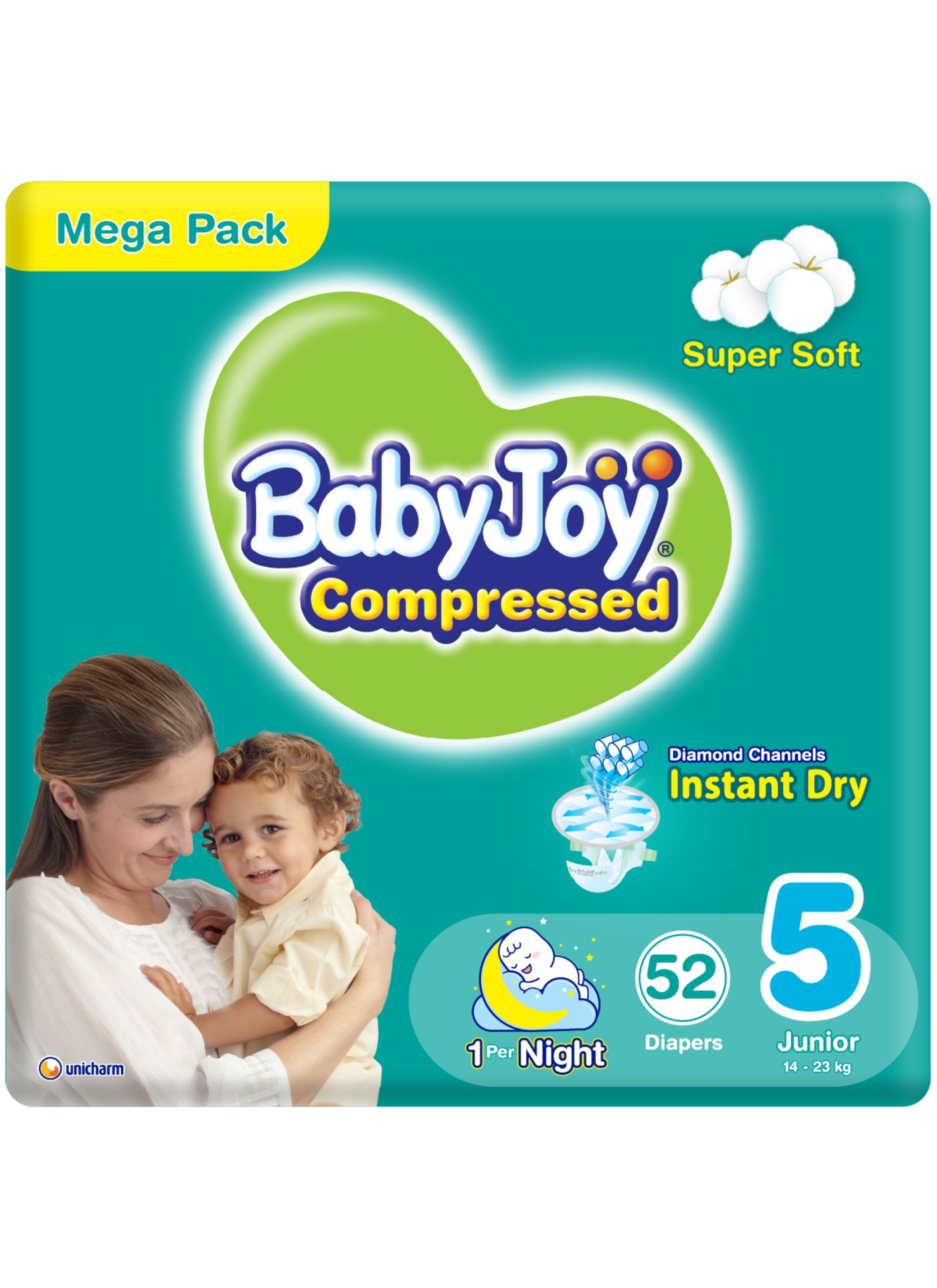 BabyJoy Compressed Diamond Pad Diaper, Size 5, Junior, 14-23 Kg, Mega Pack, 52 Diapers