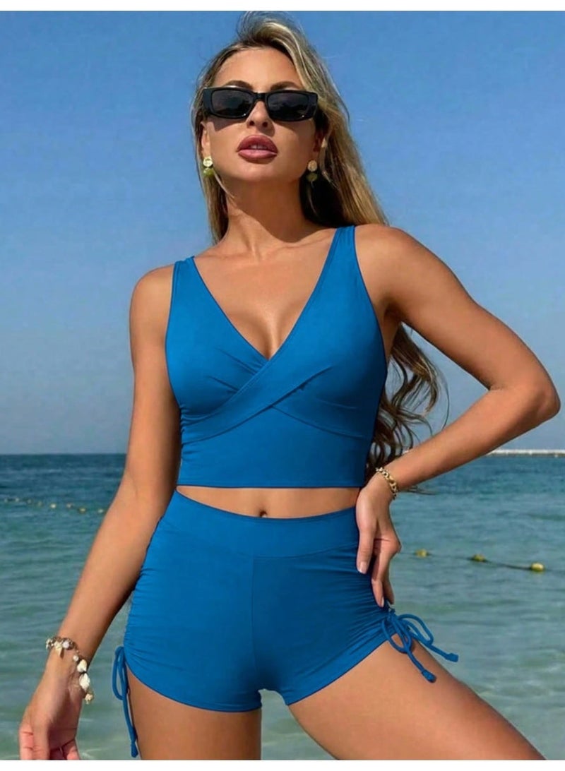 شي إن طقم بيكيني صيفي نسائي بلون موحد بتصميم أمامي متقاطع، مناسب للارتداء اليومي. - Image 5