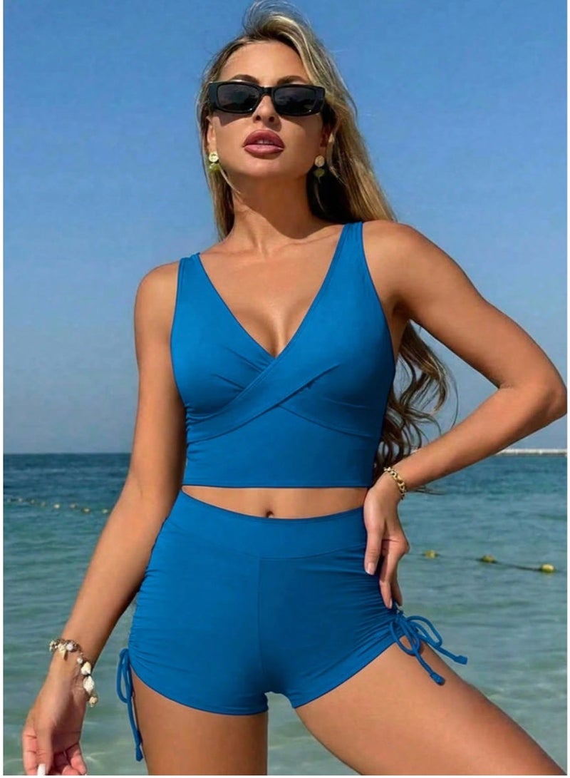 شي إن طقم بيكيني صيفي نسائي بلون موحد بتصميم أمامي متقاطع، مناسب للارتداء اليومي. - Image 1